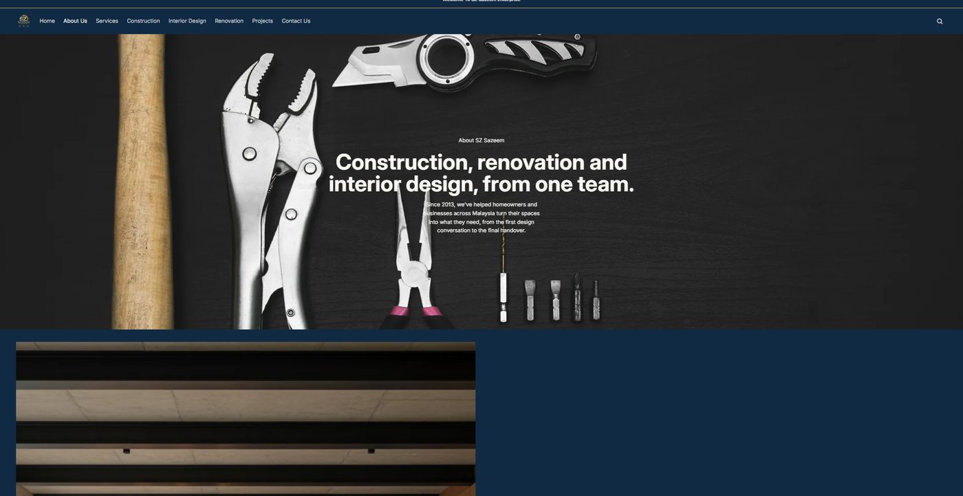 SZ Sazeem About Us page with the headline Construction, renovation and interior design, from one team