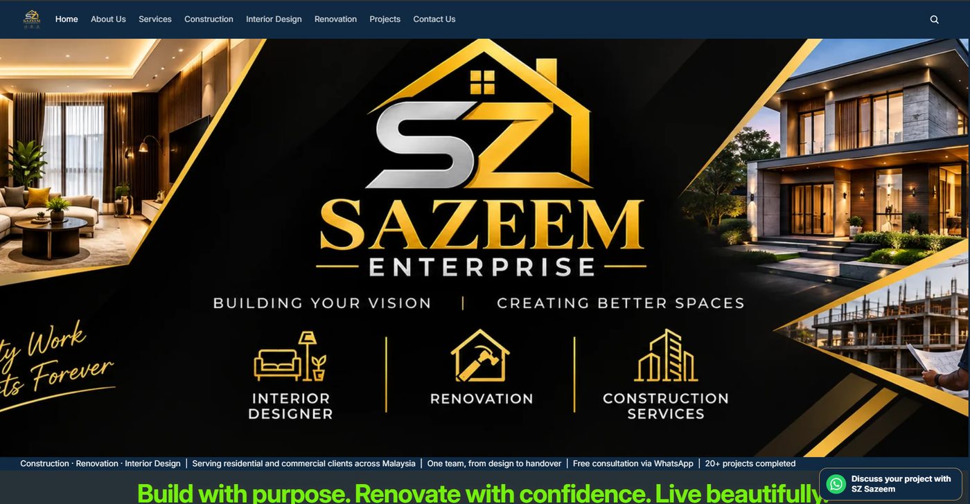 SZ Sazeem homepage with black and gold branding, showing construction, renovation and interior design services